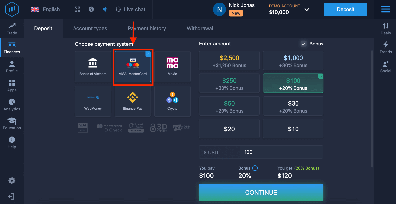 Setor Uang di ExpertOption melalui Kartu Bank (VISA/MasterCard)