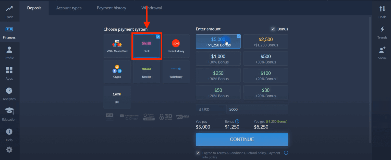 ฝากเงินใน ExpertOption ผ่านบัตรธนาคาร (Visa / Mastercard), E-Payment และ Cryptocurrency ในตุรกี