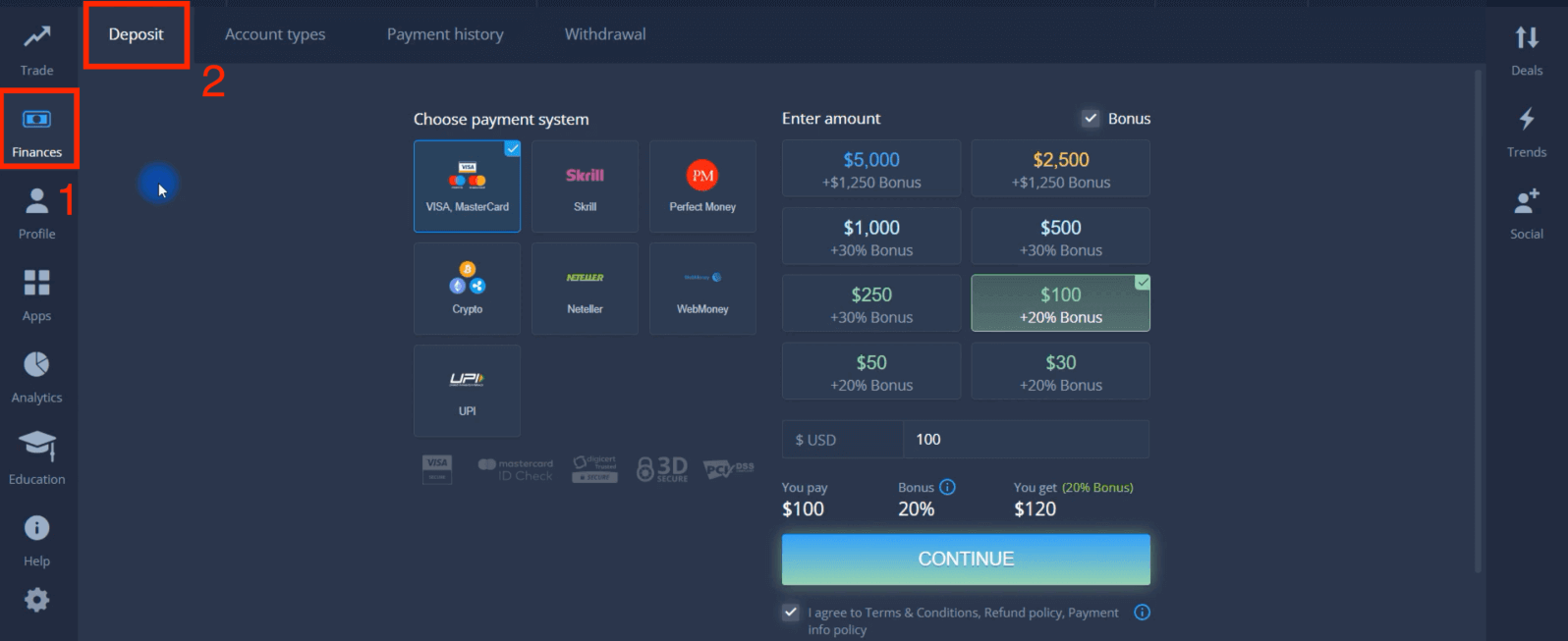 Deposite dinero en ExpertOption mediante tarjetas bancarias (Visa / Mastercard), pagos electrónicos y criptomonedas en Emiratos Árabes Unidos Deposite dinero en ExpertOption mediante tarjetas bancarias (Visa / Mastercard), pagos electrónicos y criptomonedas en Emiratos Árabes Unidos