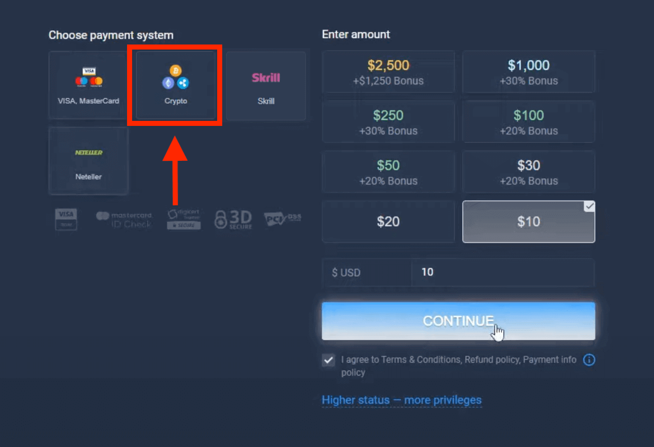 ฝากเงินใน ExpertOption ผ่านบัตรธนาคาร (Visa / Mastercard), การชำระเงินทางอิเล็กทรอนิกส์ (Skrill, Neteller) และ Cryptocurrency ในแอฟริกาใต้