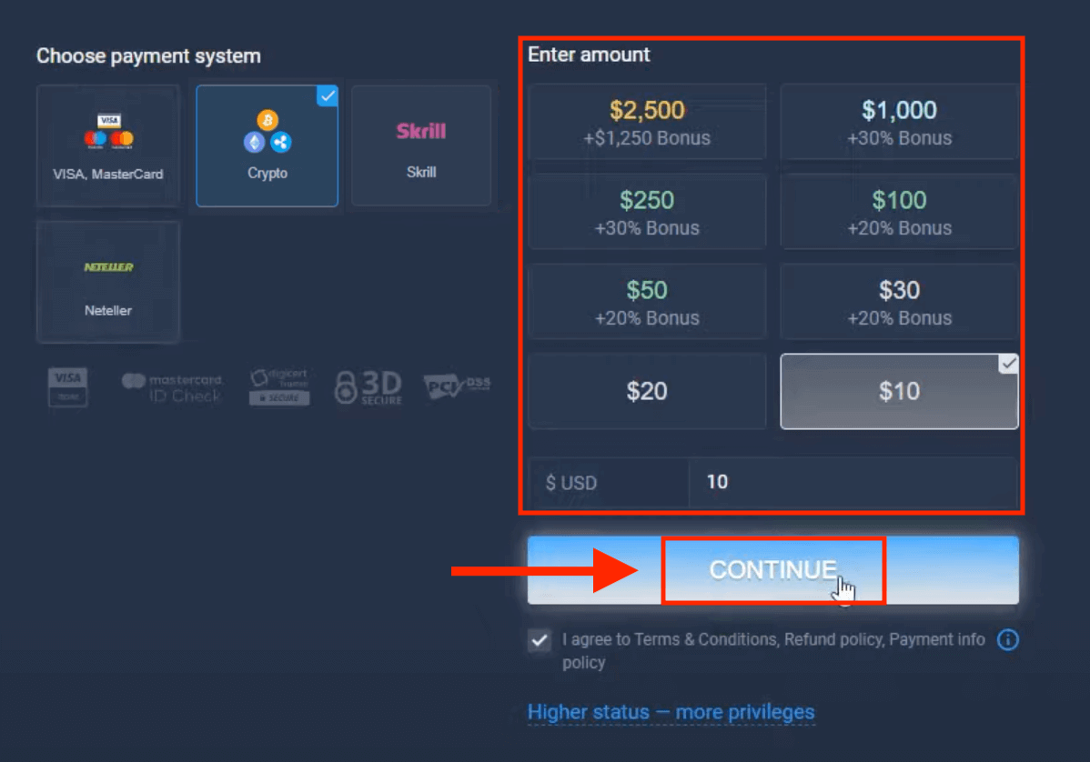 ฝากเงินใน ExpertOption ผ่านบัตรธนาคาร (Visa / Mastercard), การชำระเงินทางอิเล็กทรอนิกส์ (Skrill, Neteller) และ Cryptocurrency ในแอฟริกาใต้