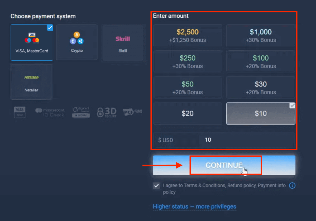 ฝากเงินใน ExpertOption ผ่านบัตรธนาคาร (Visa / Mastercard), การชำระเงินทางอิเล็กทรอนิกส์ (Skrill, Neteller) และ Cryptocurrency ในแอฟริกาใต้
