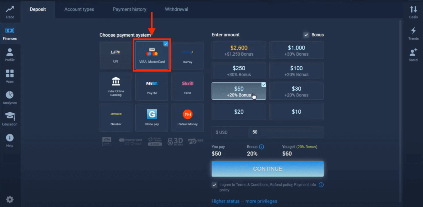 Deposite dinero en ExpertOption mediante tarjetas bancarias (Visa / Mastercard), pagos electrónicos (UPI, RuPay, Skrill, Neteller, PayTM, Globe pay, Perfect Money) y criptomonedas en India