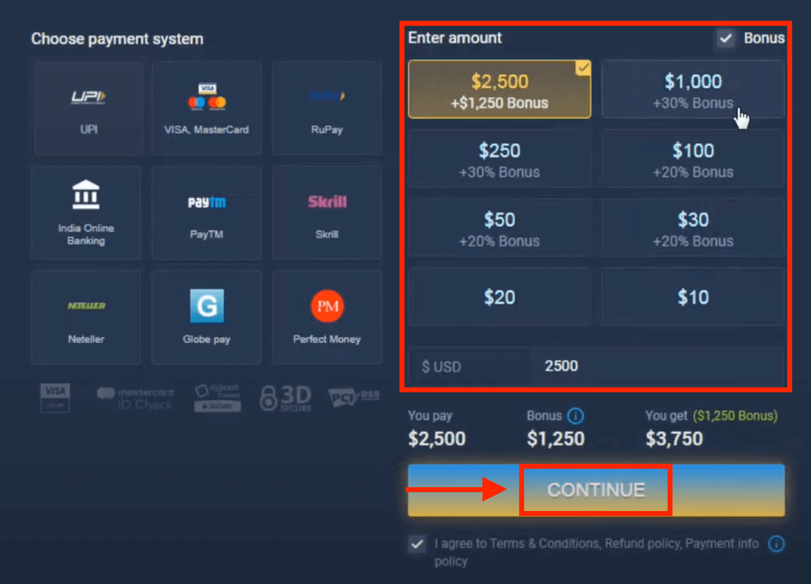 Deposite dinero en ExpertOption mediante tarjetas bancarias (Visa / Mastercard), pagos electrónicos (UPI, RuPay, Skrill, Neteller, PayTM, Globe pay, Perfect Money) y criptomonedas en India