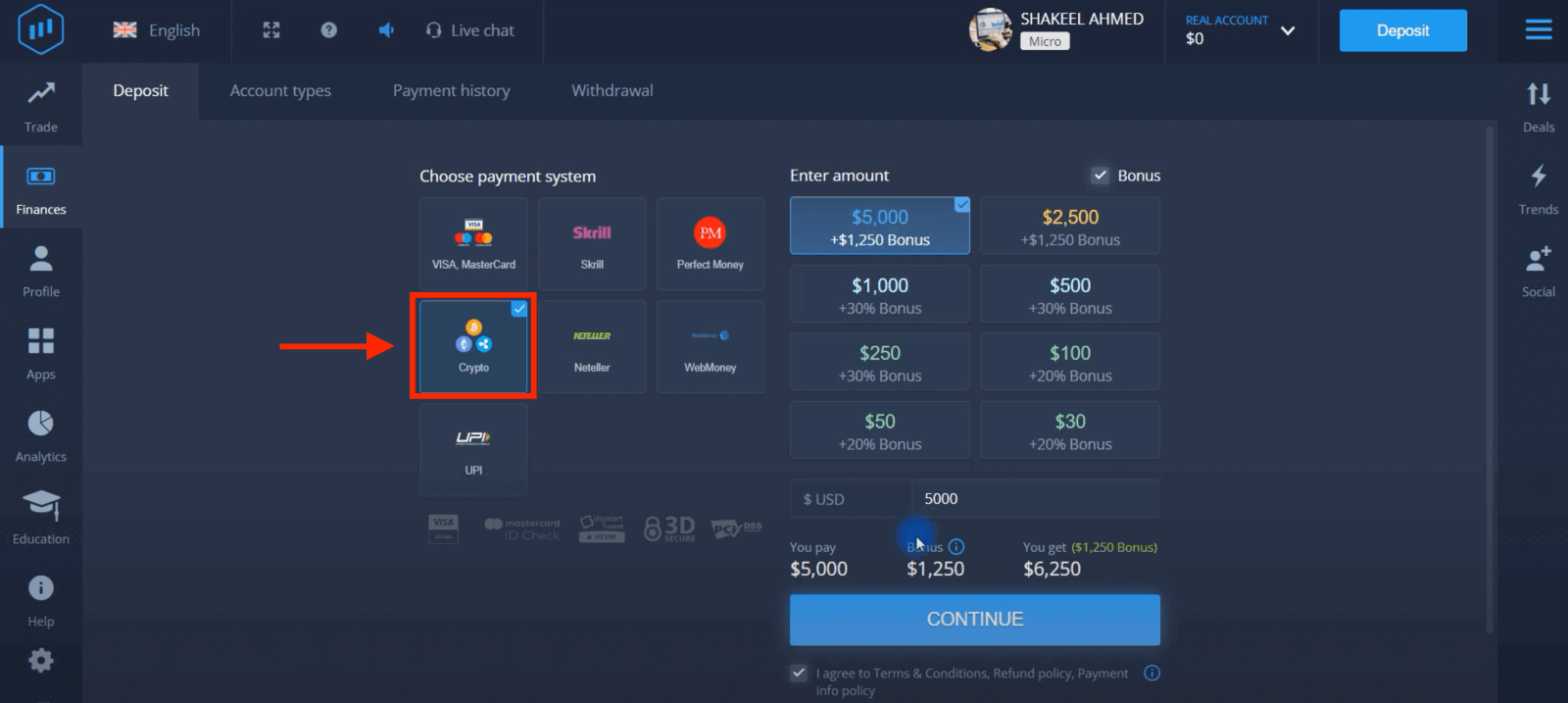 Deposite dinero en ExpertOption mediante tarjetas bancarias (Visa / Mastercard), pagos electrónicos (UPI, RuPay, Skrill, Neteller, PayTM, Globe pay, Perfect Money) y criptomonedas en India