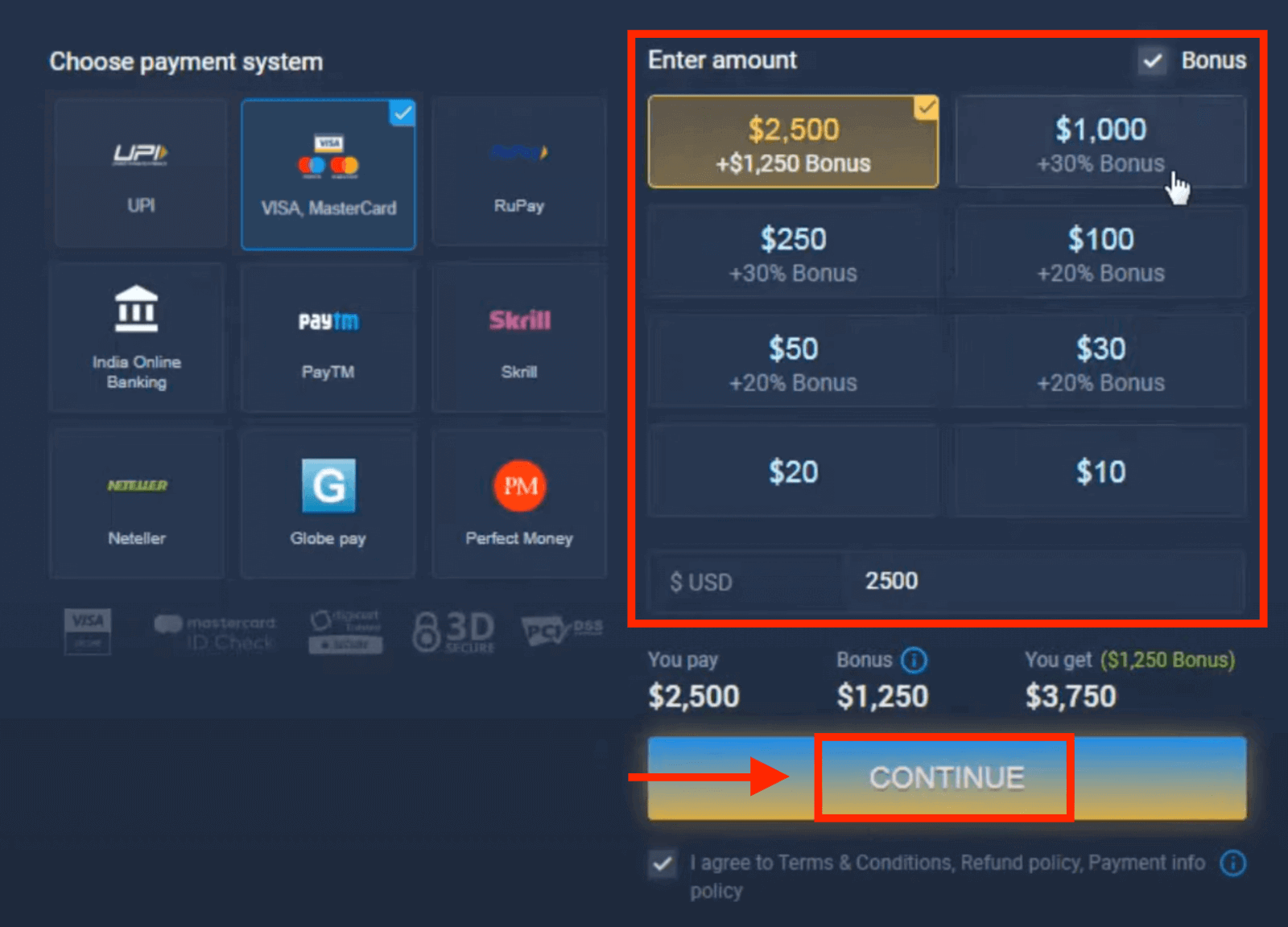 Deposite dinero en ExpertOption mediante tarjetas bancarias (Visa / Mastercard), pagos electrónicos (UPI, RuPay, Skrill, Neteller, PayTM, Globe pay, Perfect Money) y criptomonedas en India