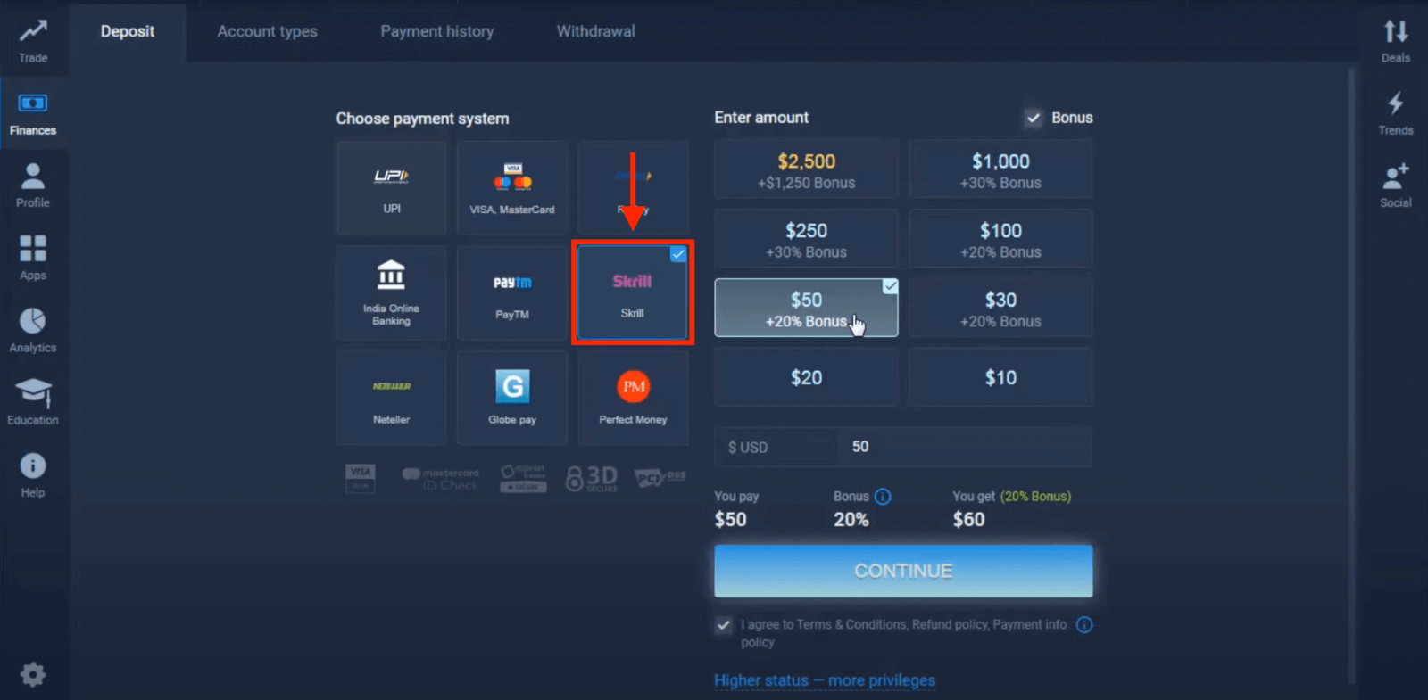 Deposite dinero en ExpertOption mediante tarjetas bancarias (Visa / Mastercard), pagos electrónicos (UPI, RuPay, Skrill, Neteller, PayTM, Globe pay, Perfect Money) y criptomonedas en India