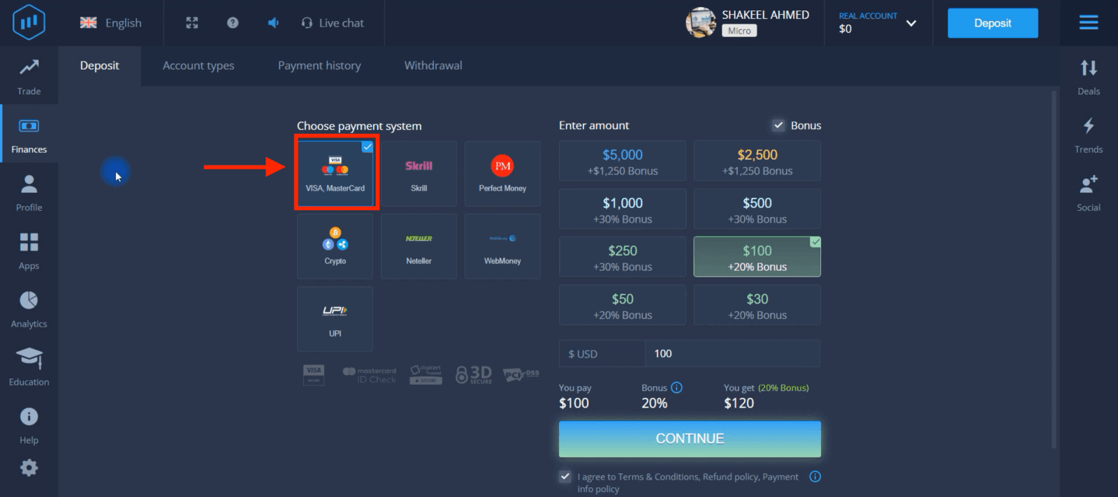 Deposite dinheiro em ExpertOption por meio de cartões bancários (Visa / Mastercard), pagamentos eletrônicos (UPI, Skrill, Neteller, WebMoney, Perfect Money) e criptomoeda no Paquistão