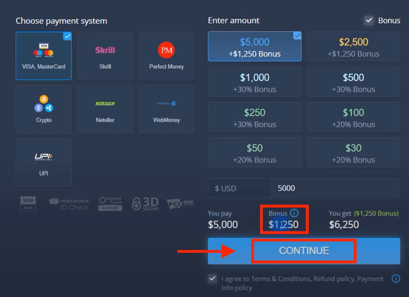 Deposite dinheiro em ExpertOption por meio de cartões bancários (Visa / Mastercard), pagamentos eletrônicos (UPI, Skrill, Neteller, WebMoney, Perfect Money) e criptomoeda no Paquistão