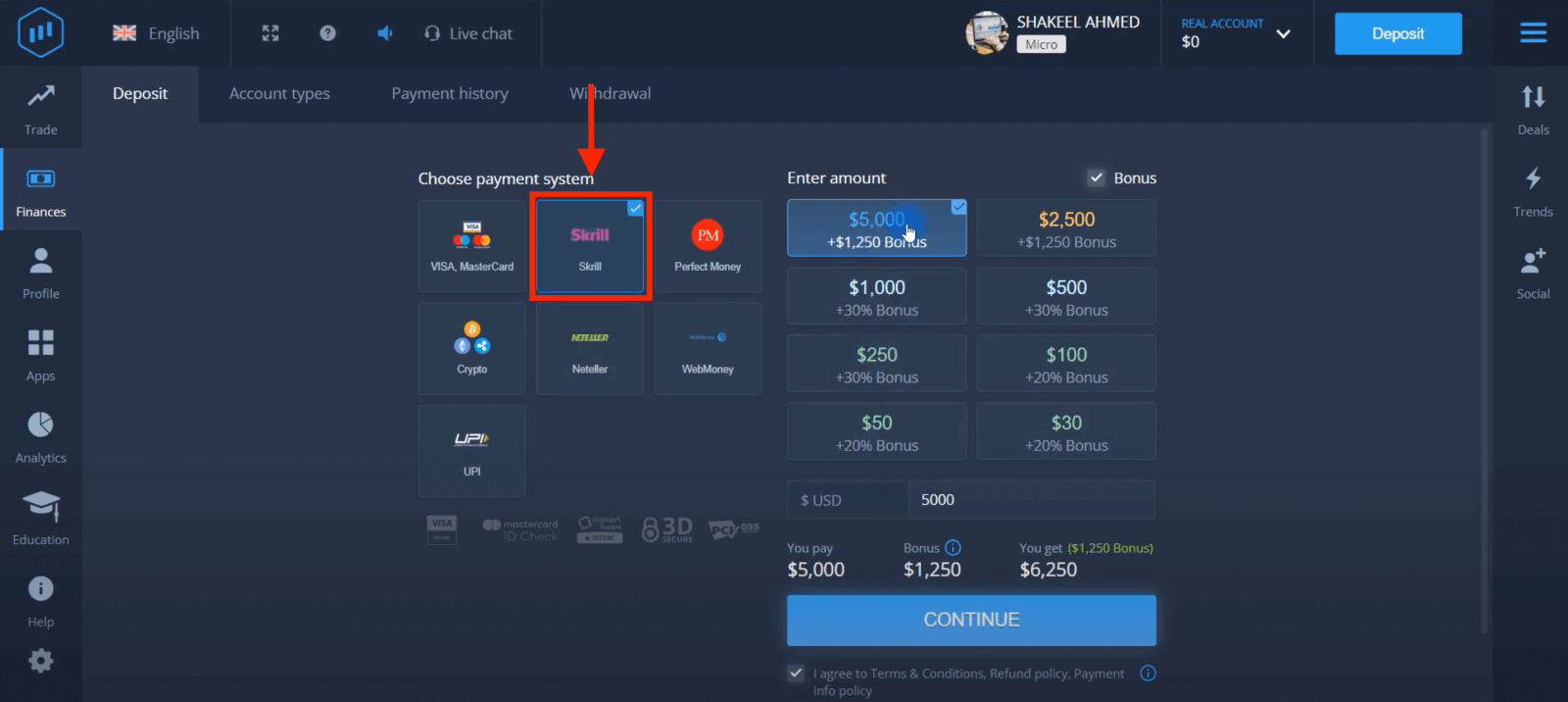 Deposite dinheiro em ExpertOption por meio de cartões bancários (Visa / Mastercard), pagamentos eletrônicos (UPI, Skrill, Neteller, WebMoney, Perfect Money) e criptomoeda no Paquistão