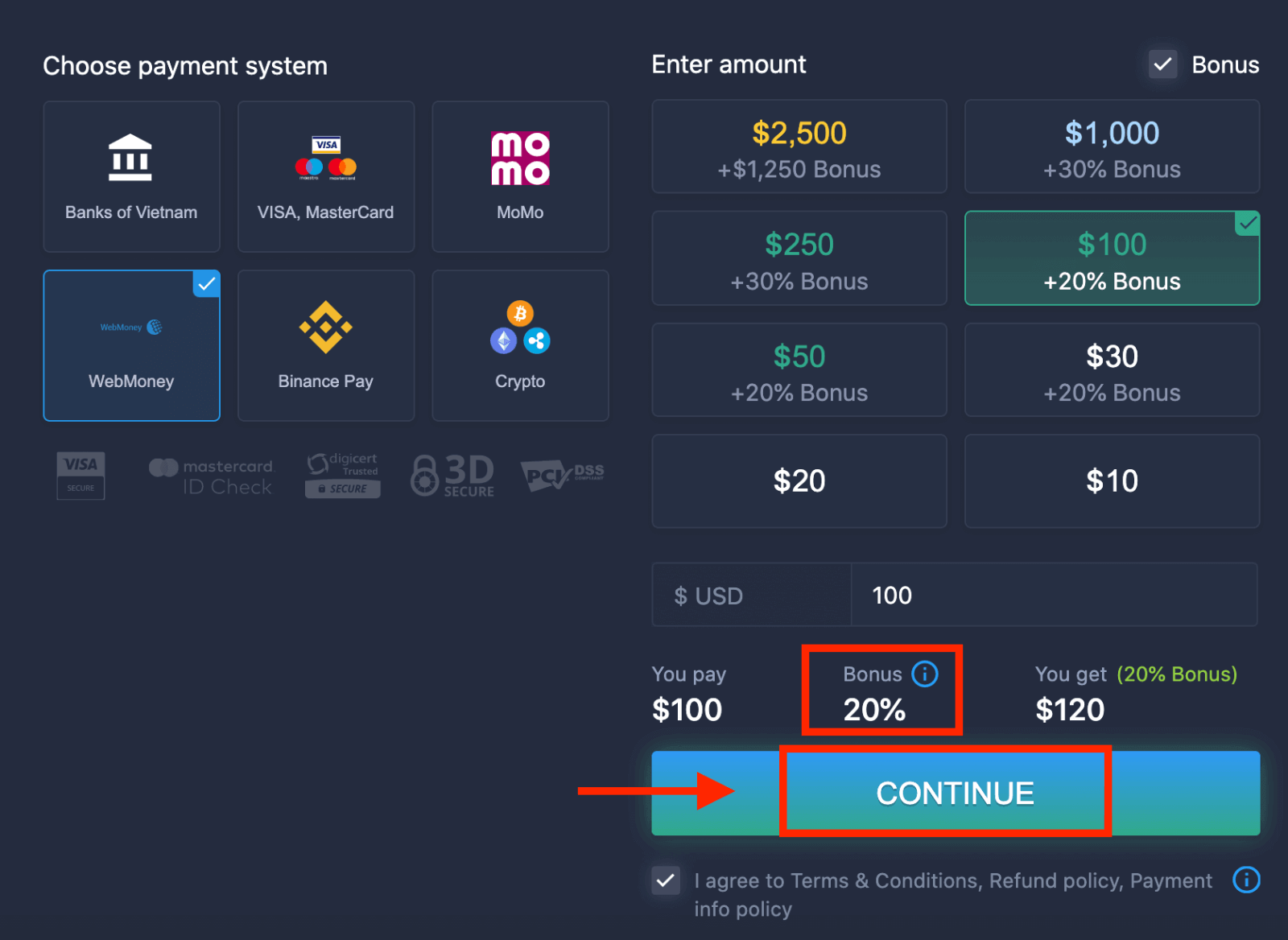 Deposite dinheiro em ExpertOption via cartões bancários (Visa / Mastercard), Internet Banking, pagamentos eletrônicos (MoMo, Perfect Money) e criptomoeda no Vietnã