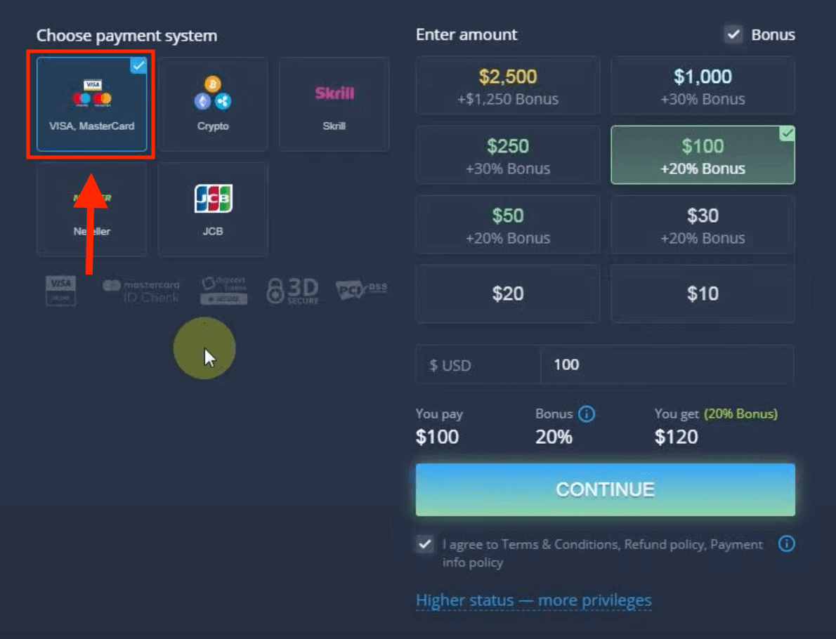 Deposite dinero en ExpertOption mediante tarjetas bancarias (Visa / Mastercard / JCB), pagos electrónicos (Skrill, Neteller) y criptomonedas en Filipinas