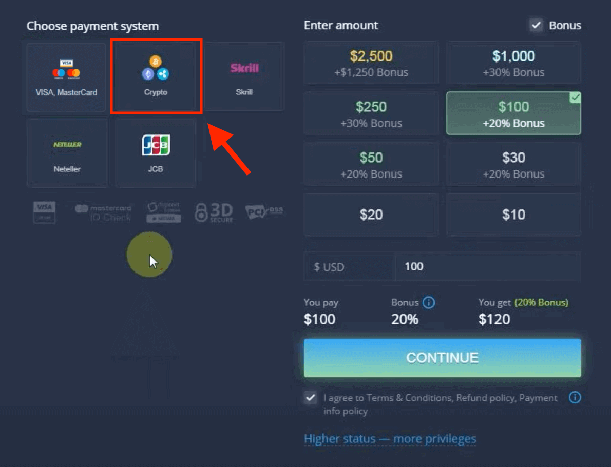 Deposite dinero en ExpertOption mediante tarjetas bancarias (Visa / Mastercard / JCB), pagos electrónicos (Skrill, Neteller) y criptomonedas en Filipinas
