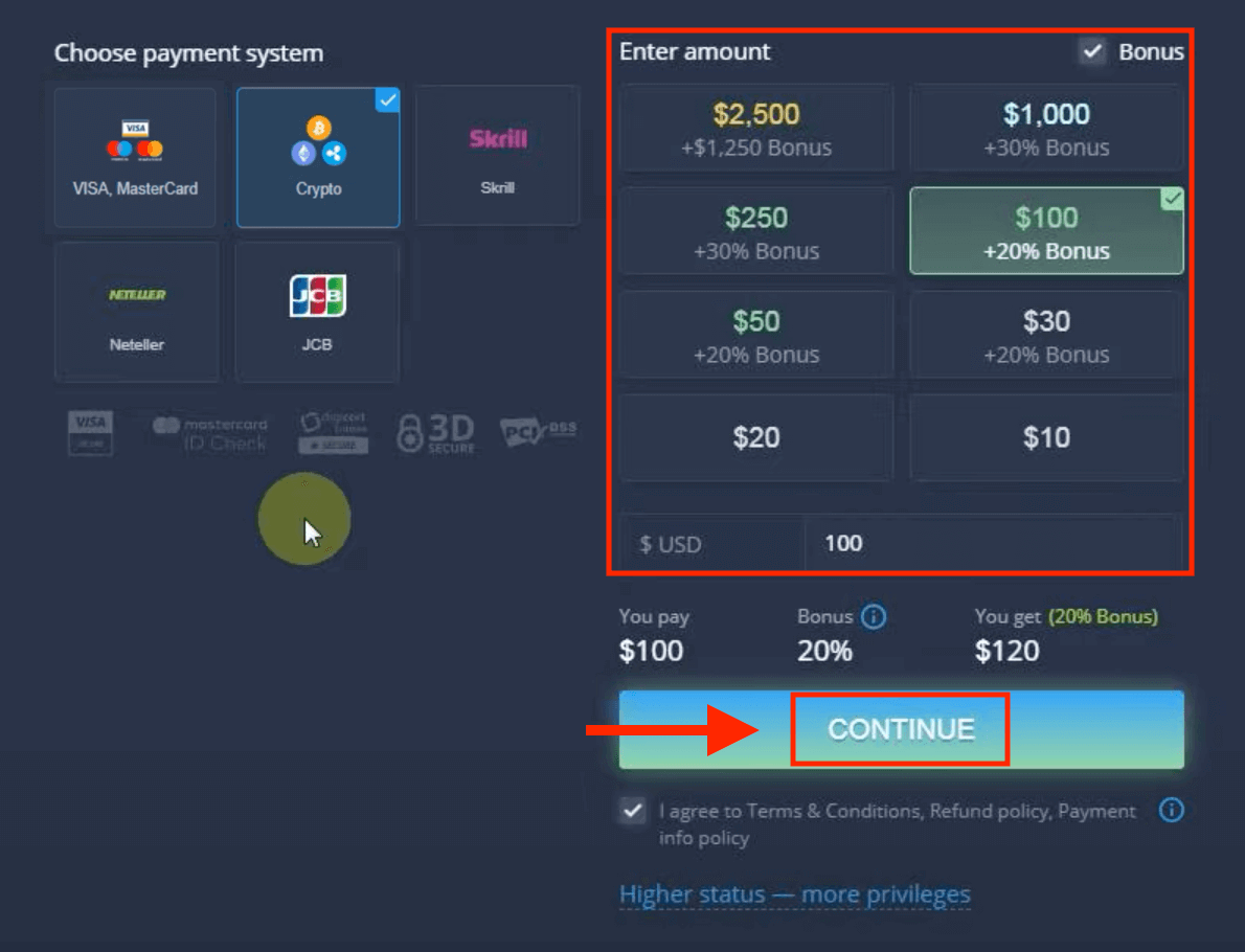 Deposite dinero en ExpertOption mediante tarjetas bancarias (Visa / Mastercard / JCB), pagos electrónicos (Skrill, Neteller) y criptomonedas en Filipinas