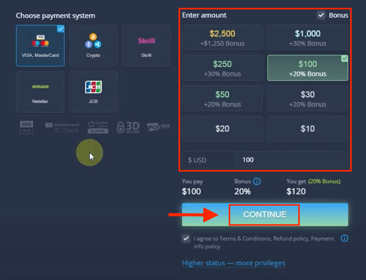 Deposite dinero en ExpertOption mediante tarjetas bancarias (Visa / Mastercard / JCB), pagos electrónicos (Skrill, Neteller) y criptomonedas en Filipinas
