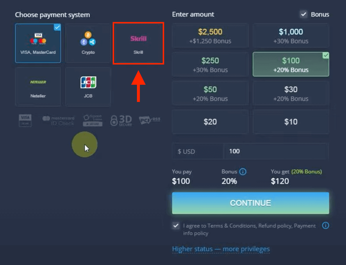 Deposite dinero en ExpertOption mediante tarjetas bancarias (Visa / Mastercard / JCB), pagos electrónicos (Skrill, Neteller) y criptomonedas en Filipinas