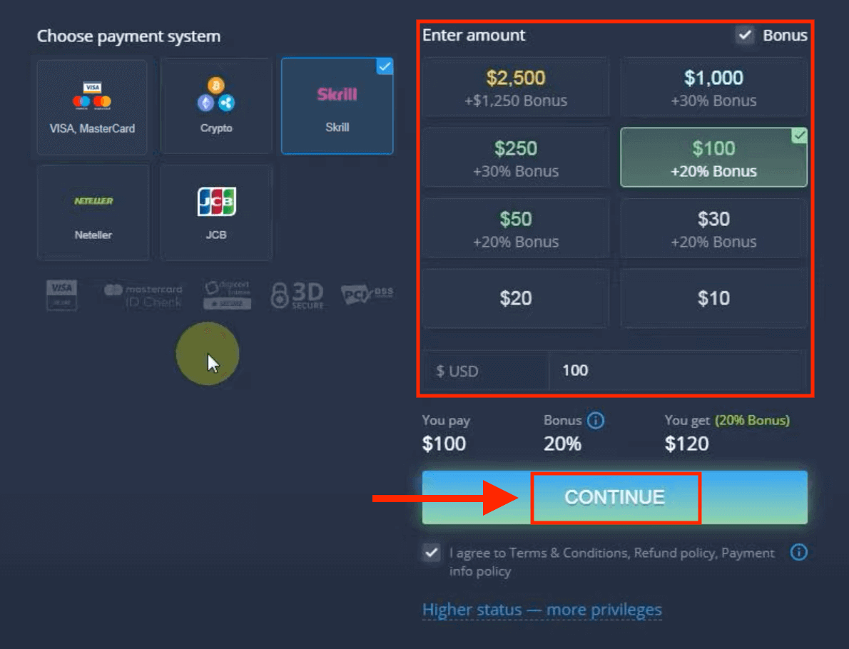 Deposite dinero en ExpertOption mediante tarjetas bancarias (Visa / Mastercard / JCB), pagos electrónicos (Skrill, Neteller) y criptomonedas en Filipinas