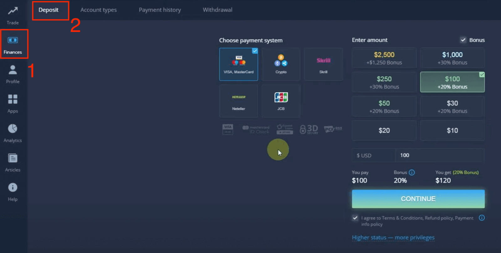 Deposite dinero en ExpertOption mediante tarjetas bancarias (Visa / Mastercard / JCB), pagos electrónicos (Skrill, Neteller) y criptomonedas en Filipinas