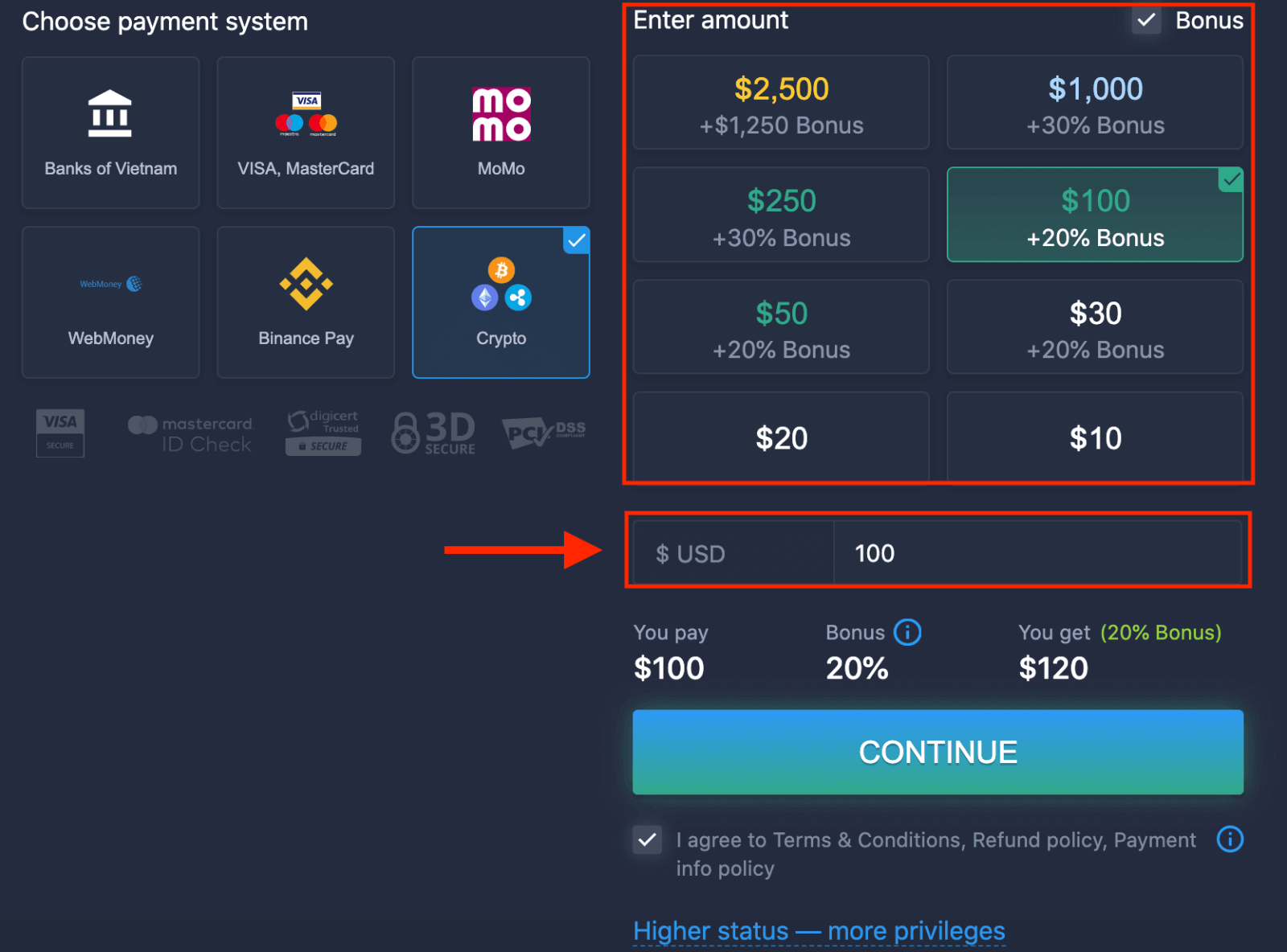 Deposite dinheiro em ExpertOption via criptografia