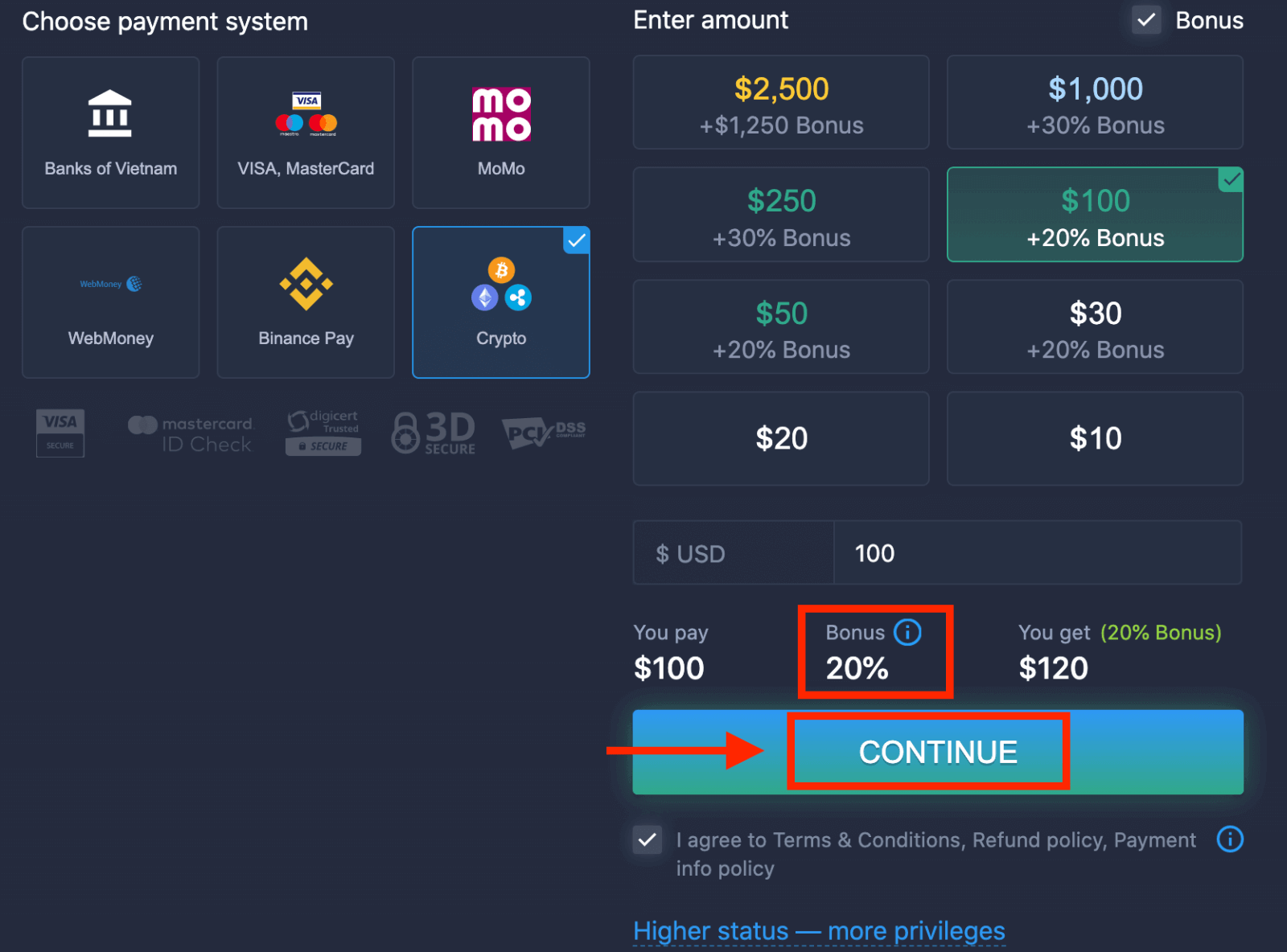 Airgead Taisce ar ExpertOption trí Crypto: Modhanna agus Teorainneacha