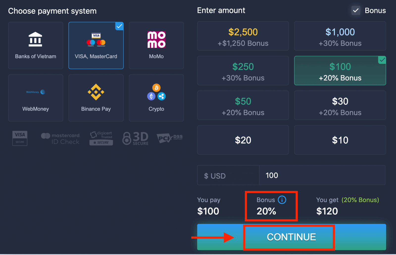 Taisce ExpertOption trí VISA & MasterCard — Rialacha Maoinithe Cárta