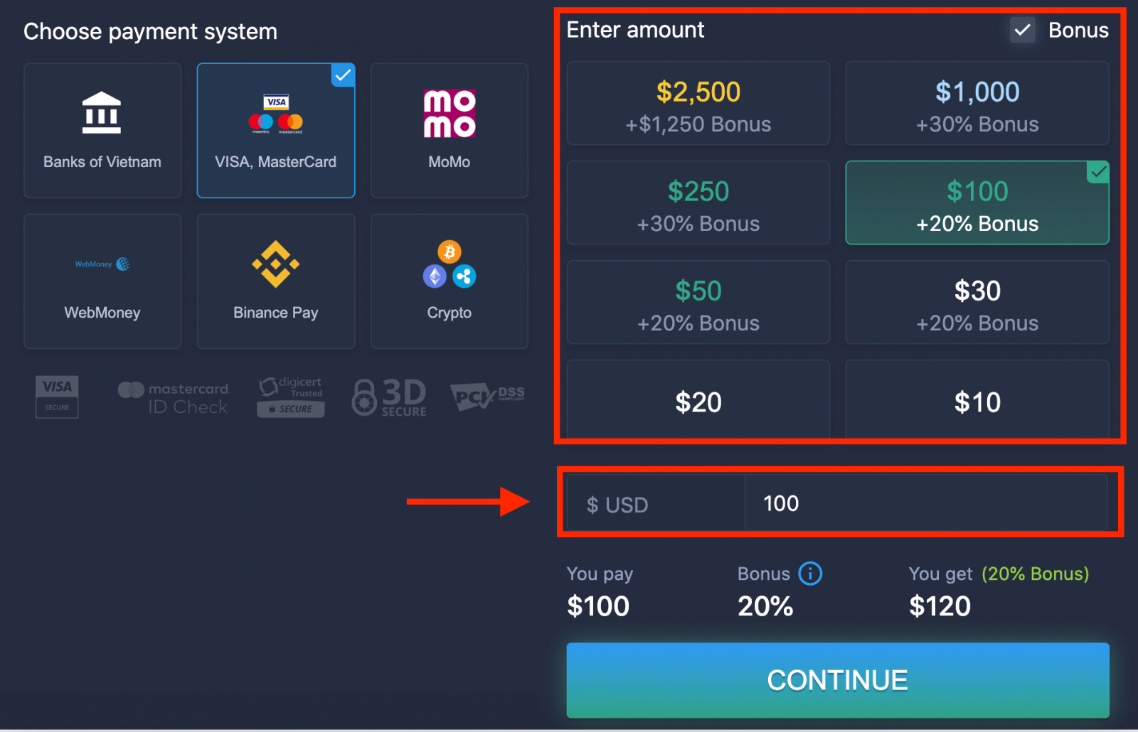 通过银行卡(VISA/MasterCard)在 ExpertOption 中存款 通过银行卡(VISA/MasterCard)在 ExpertOption 中存款